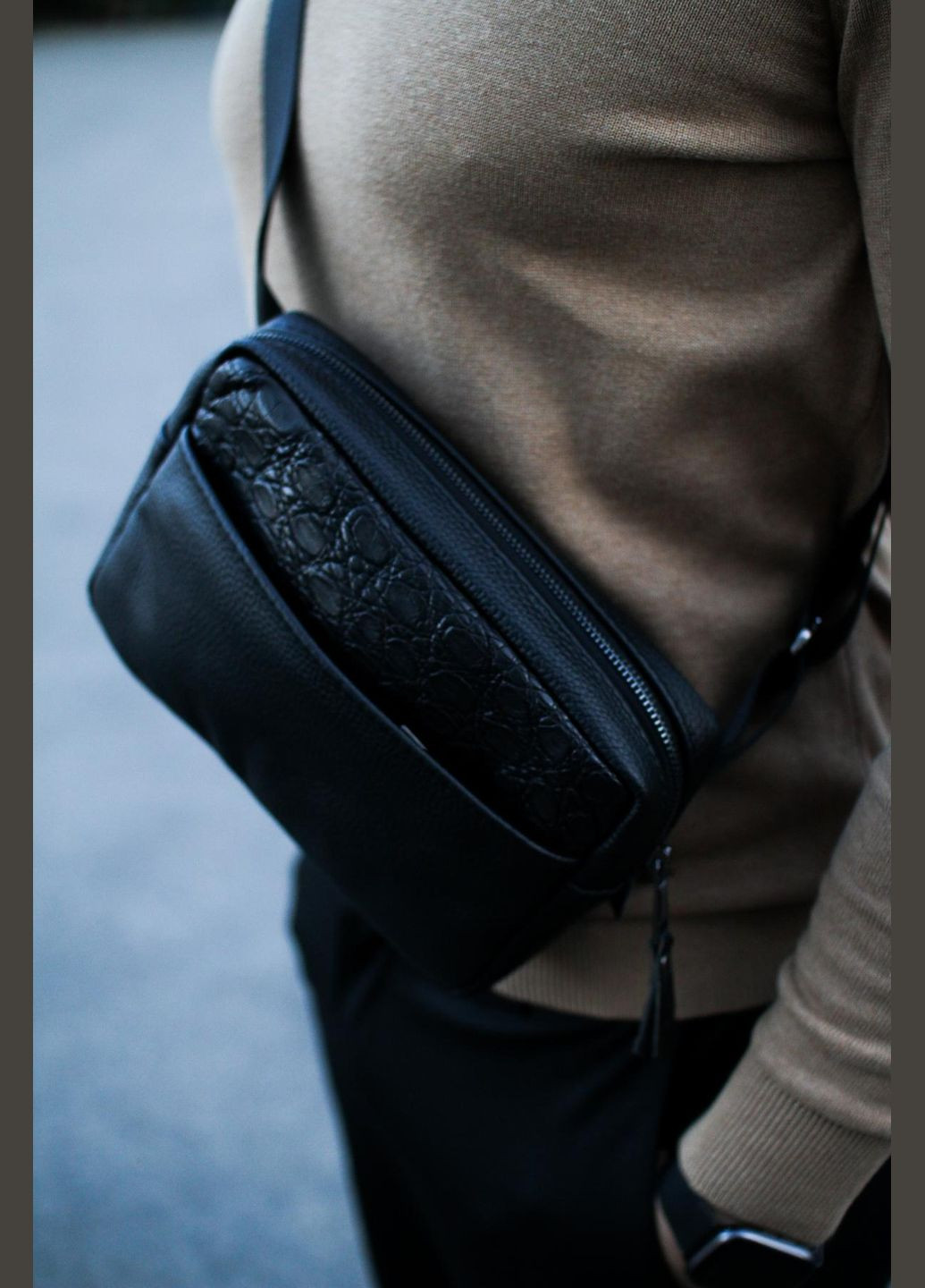 Кроссбоди, бананка из натуральной кожи, кожаная на пояс (черная) EX-009 SKILL сумка (347628846)