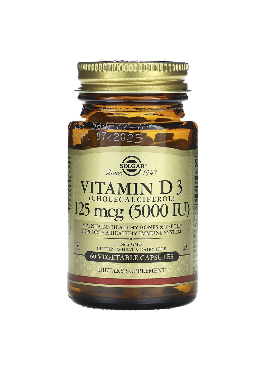 Вітамін D3 (холекальциферол), Vitamin D3,, 125 мкг (5000 МО), 60 вегетаріанських капсул Solgar (367987115)