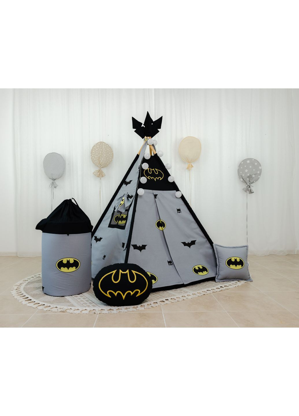 Вигвам для мальчика серый Бетмен супергерой Комплект с корзиной для игрушек No Brand (367254571)