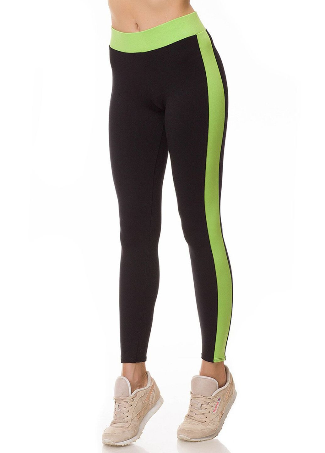 Черные демисезонные леггинсы спортивные с зелеными вставками leggings sport Giulia