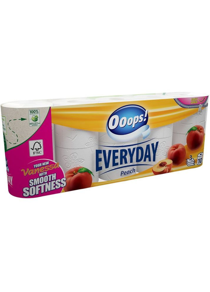 Туалетний папір ! EveryDay Peach, тришаровий, 10 рулонів ooops 705942 (335030500)
