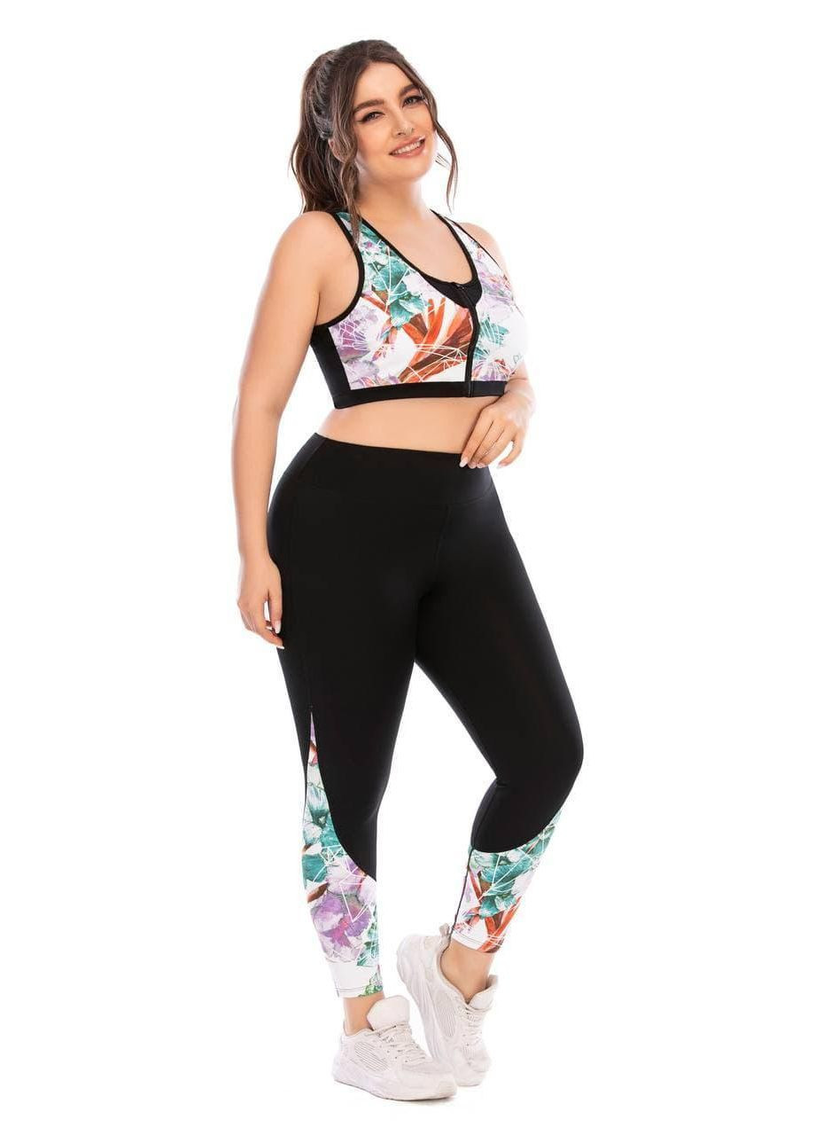 Женский фитнес костюм Plus Size с ярким принтом Женский спортивный комплект топ и лосины черный принт No Brand (370204806)