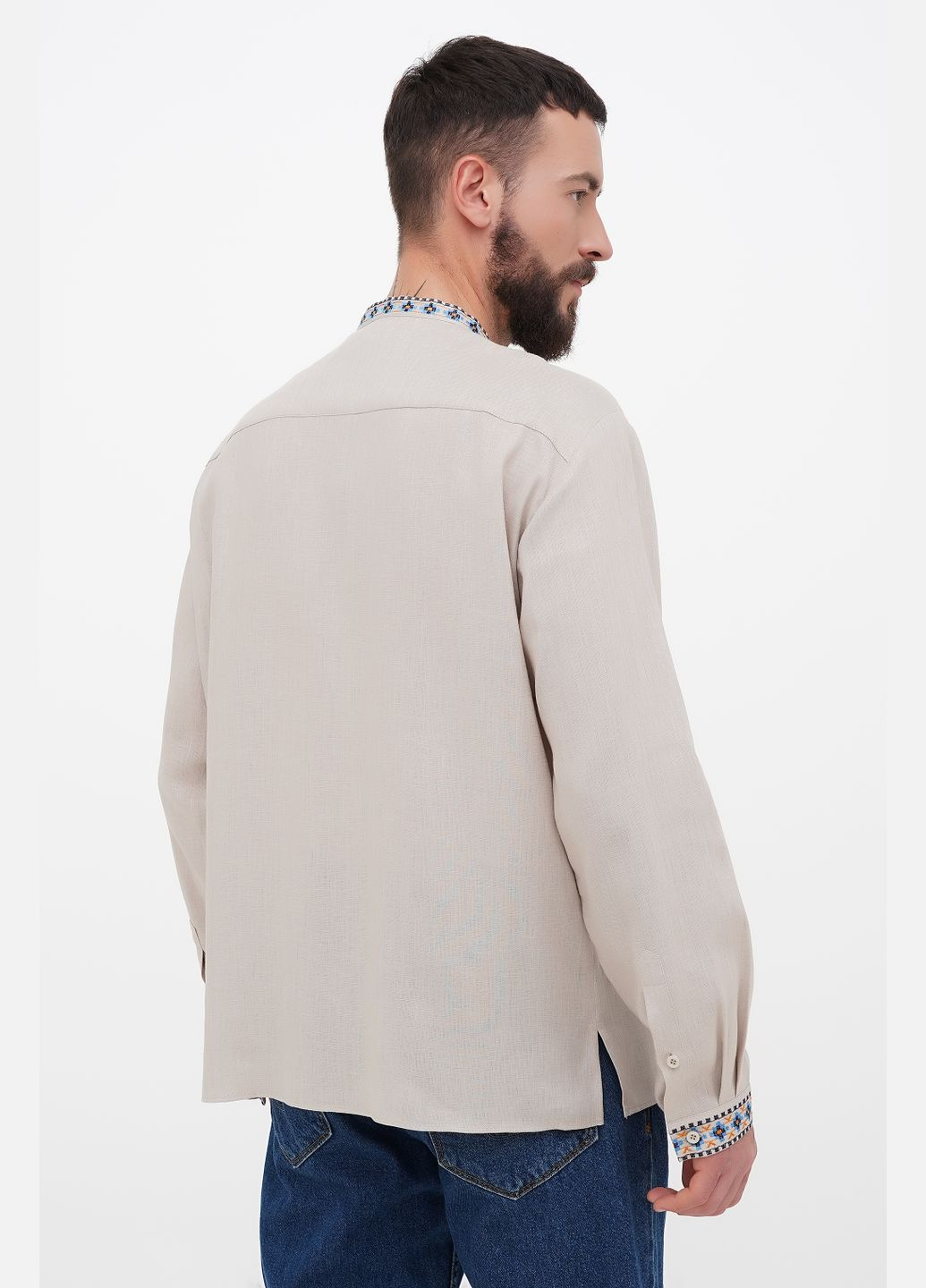 Сіра класична чоловіча вишиванка з льону захар, комір стійка., р., код 9418/58/534 ГАЛЕРЕЯ ЛЬОНУ льон (333164624)