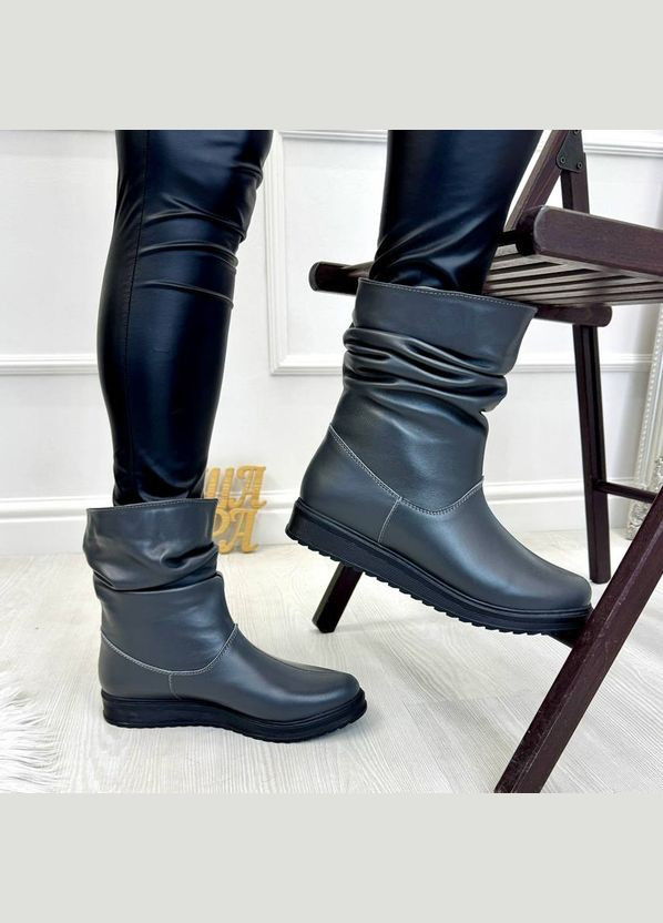 Зимние ботинки женские свободного одевания из натуральной кожи серого цвета. Vasha para