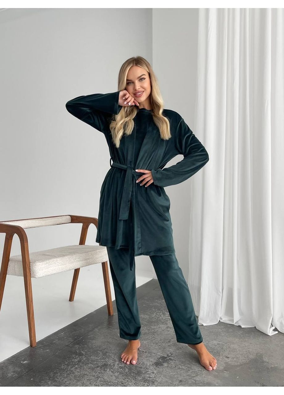 Темно-зеленая женская велюровая пижама тройка Osoblyva