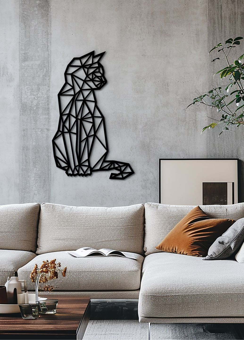 Декоративне панно з дерева, настінний декор для дому "Геометричний кіт", інтер'єрна картина 35х23 см Woodyard (292113236)
