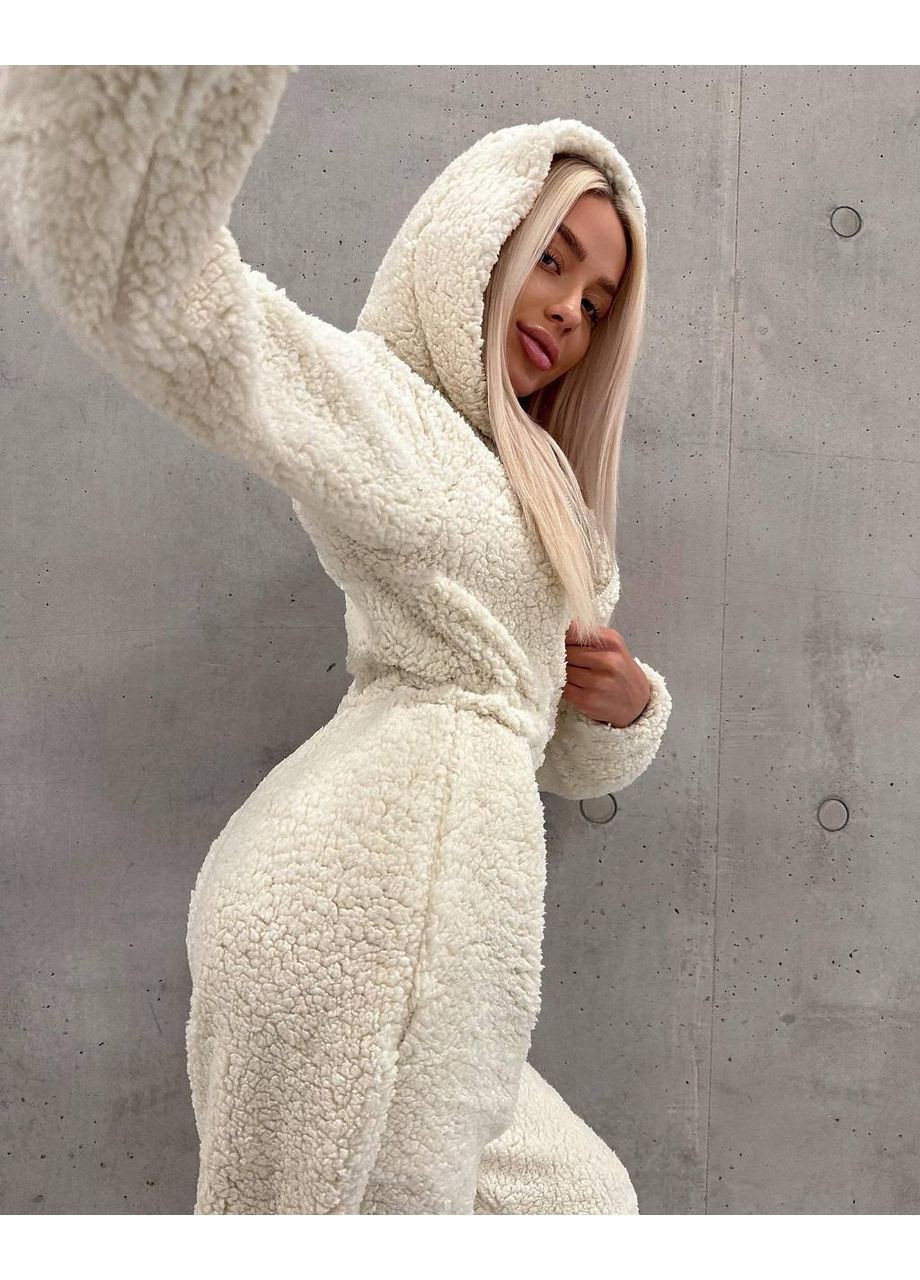 Жіночий комбінезон тедді Asi.Store.ua комбінезон-брюки світло-бежевий спортивний, повсякденний, домашній, кежуал штучне хутро