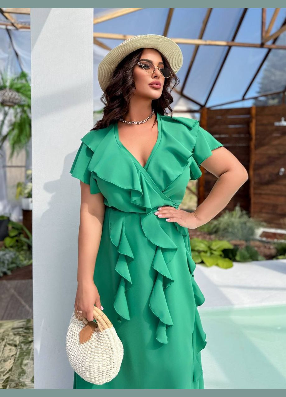 Зеленое повседневный, праздничный, коктейльное, вечернее длинное платье с оборками на запах Україна