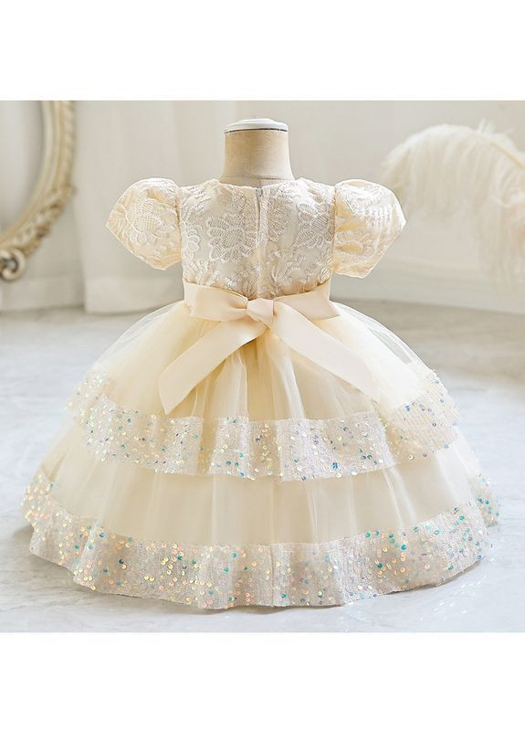 Бежевое праздничное платье с пайетками и пышной юбкой, элизабет, шампань, 1-5 лет No Brand (371797326)