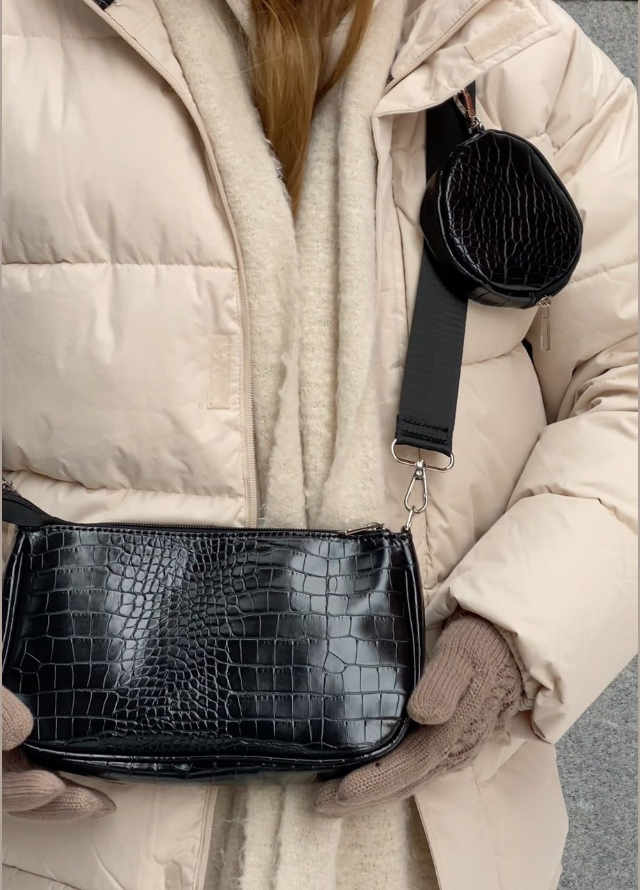 Женская сумка багет с кошельком рептилия T-132 черная No Brand (290038980)