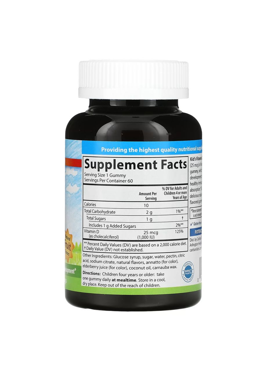 Жувальний вітамін D3 для дітей, смак натуральних фруктів, 1000 МО, 60 жувальних таблеток Carlson Labs (322118852)