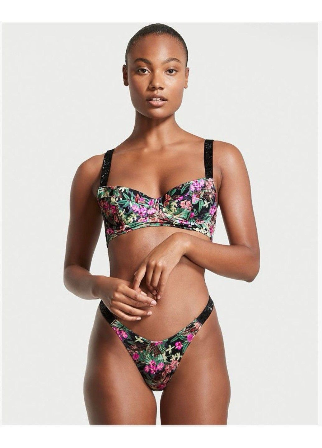 Комбинированный купальник shine strap wicked bikini top & brazilian bottom black palm раздельный Victoria's Secret