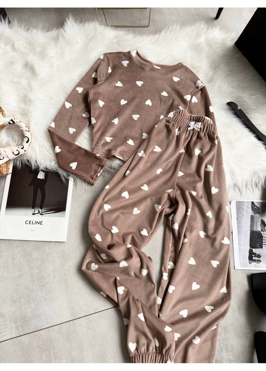 Темно-бежевая зимняя пижама женская топ + брюки Гермес