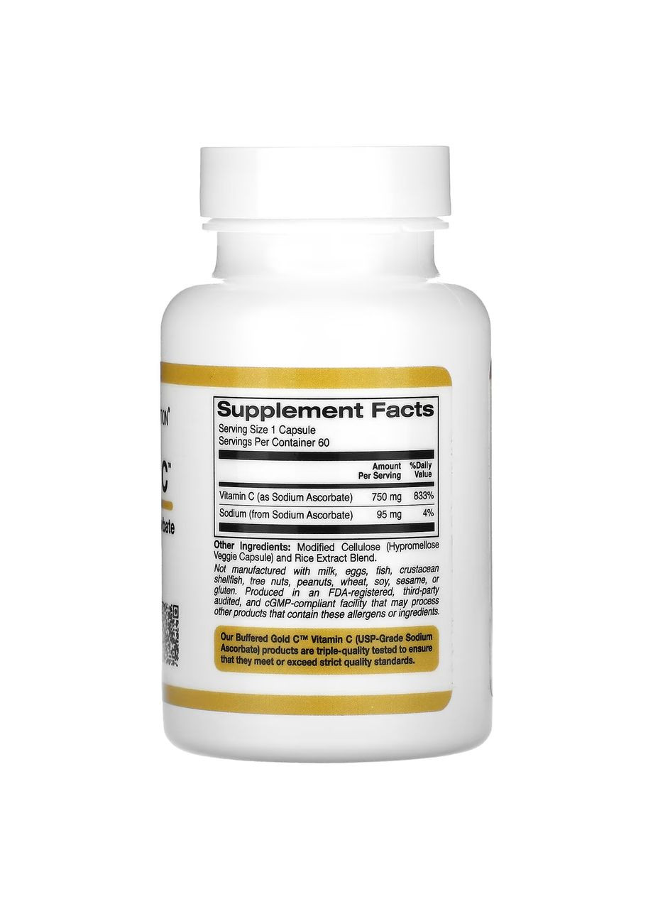 Витамин C буферизированный, аскорбат натрия, 750 мг, 60 капсул California Gold Nutrition (314524100)