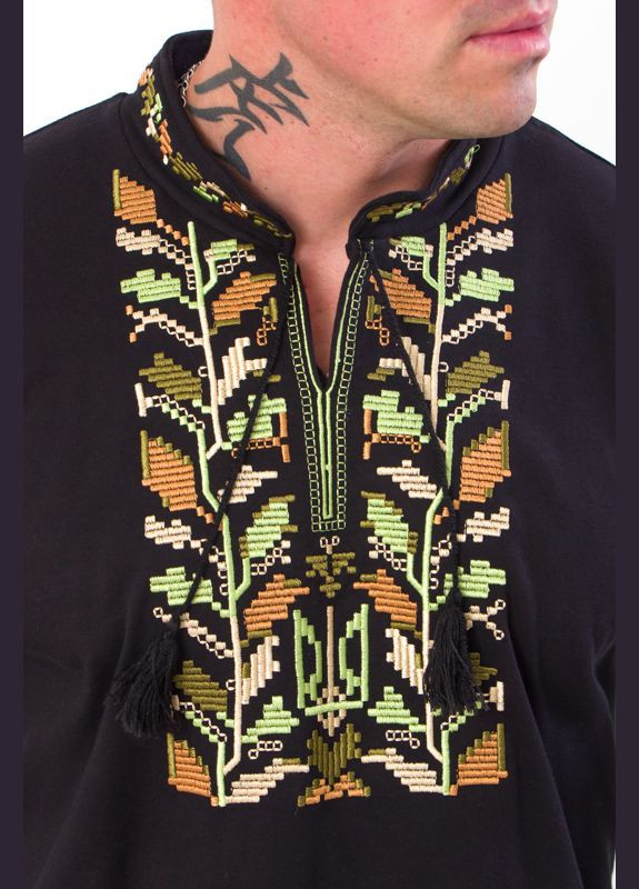Чорна вишиванка чоловіча з довгим рукавом (p-573) Носи своє візерунок геометричний приталена трикотаж (254298704)