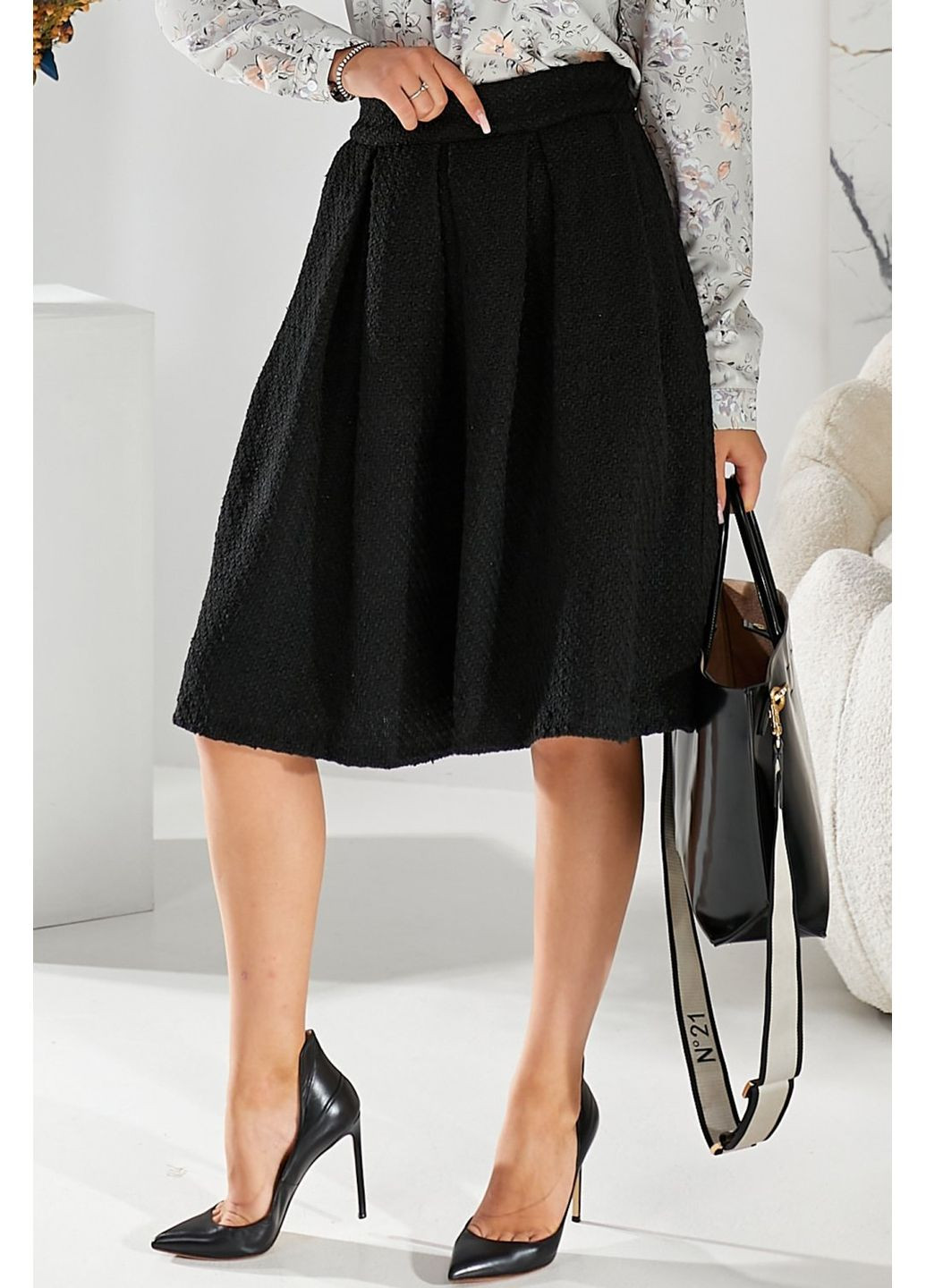 Черная повседневная женская пышная юбка из твида (ll72660090) LadyLike