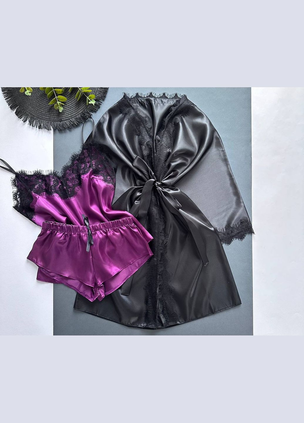 Фиолетовый демисезонный комплект халат майка шорты Exclusive