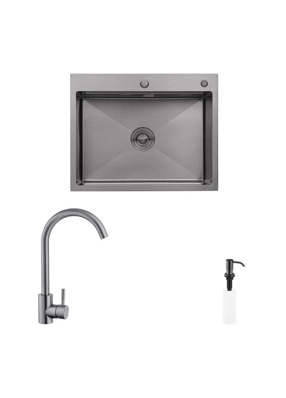 Комплект кухонная мойка Schwarze-6350HM PVD + смеситель Edelstahl Klassisch-SCH035PVD + дозатор Kroner (392907497)