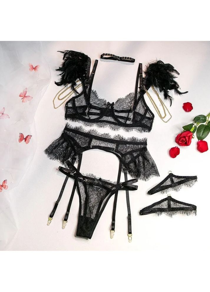 Черный демисезонный кружевной комплект с поясом. шикарный комплект белья с перьями соблазнительное белье пояс No Brand