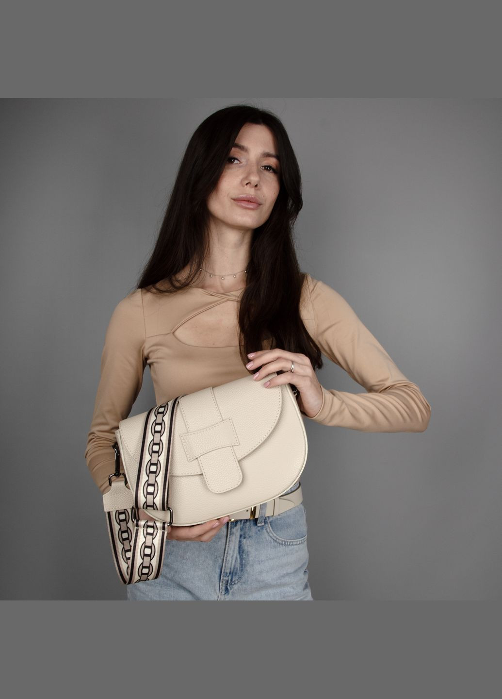 Сумка женская кожаная полукруглая 03478 с текстильным ремешком бежевая Virginia Conti (325666561)