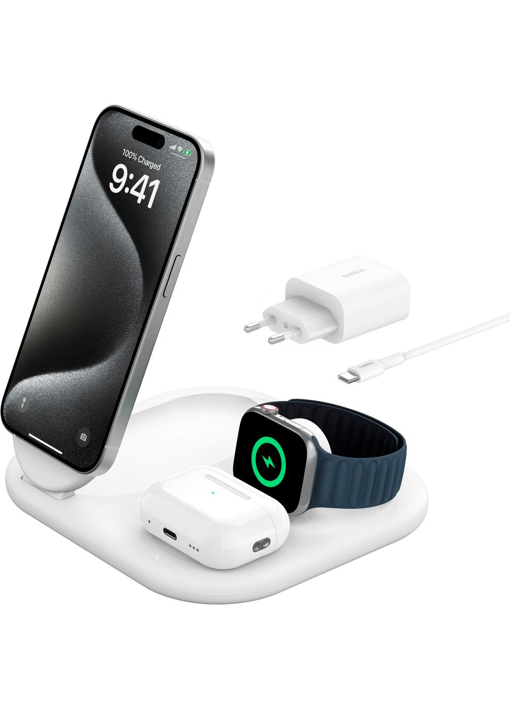 Зарядний пристрій бездротовий 3в1 Magnetic Foldable iPhone/Watch/AirPods, Qi2 15Вт, білий Belkin (315434671)