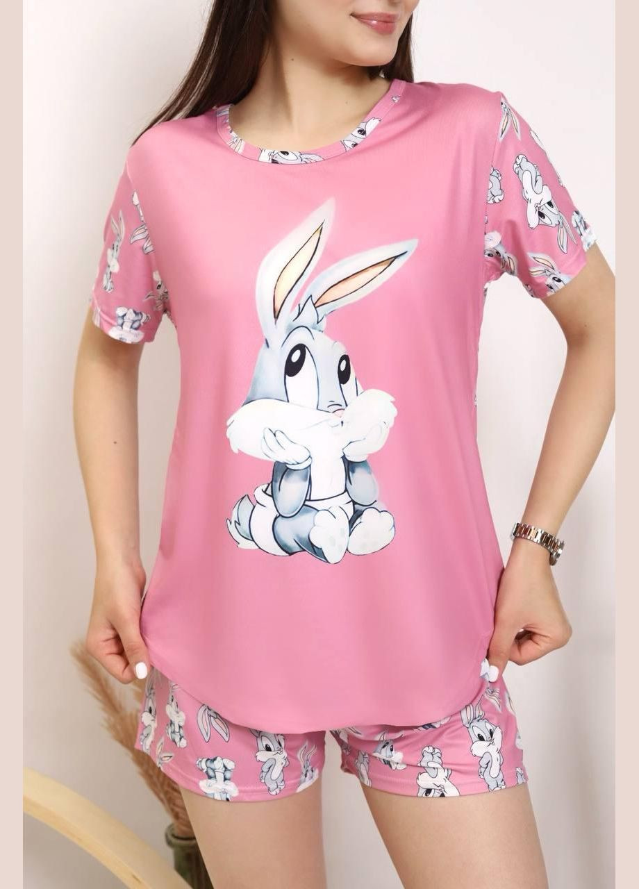 Розовая всесезон пижама женская розового цвета футболка + шорты No Brand Жіночі піжами