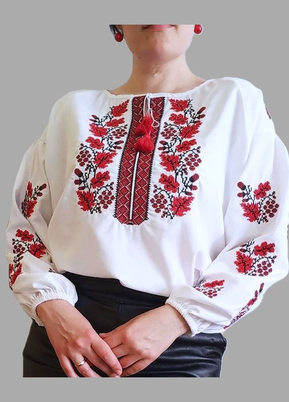 Белая женская вышиванка традиционная льняная белая с красным орнаментом узор орнамент приталенная, свободная, прямой лен (314770969)