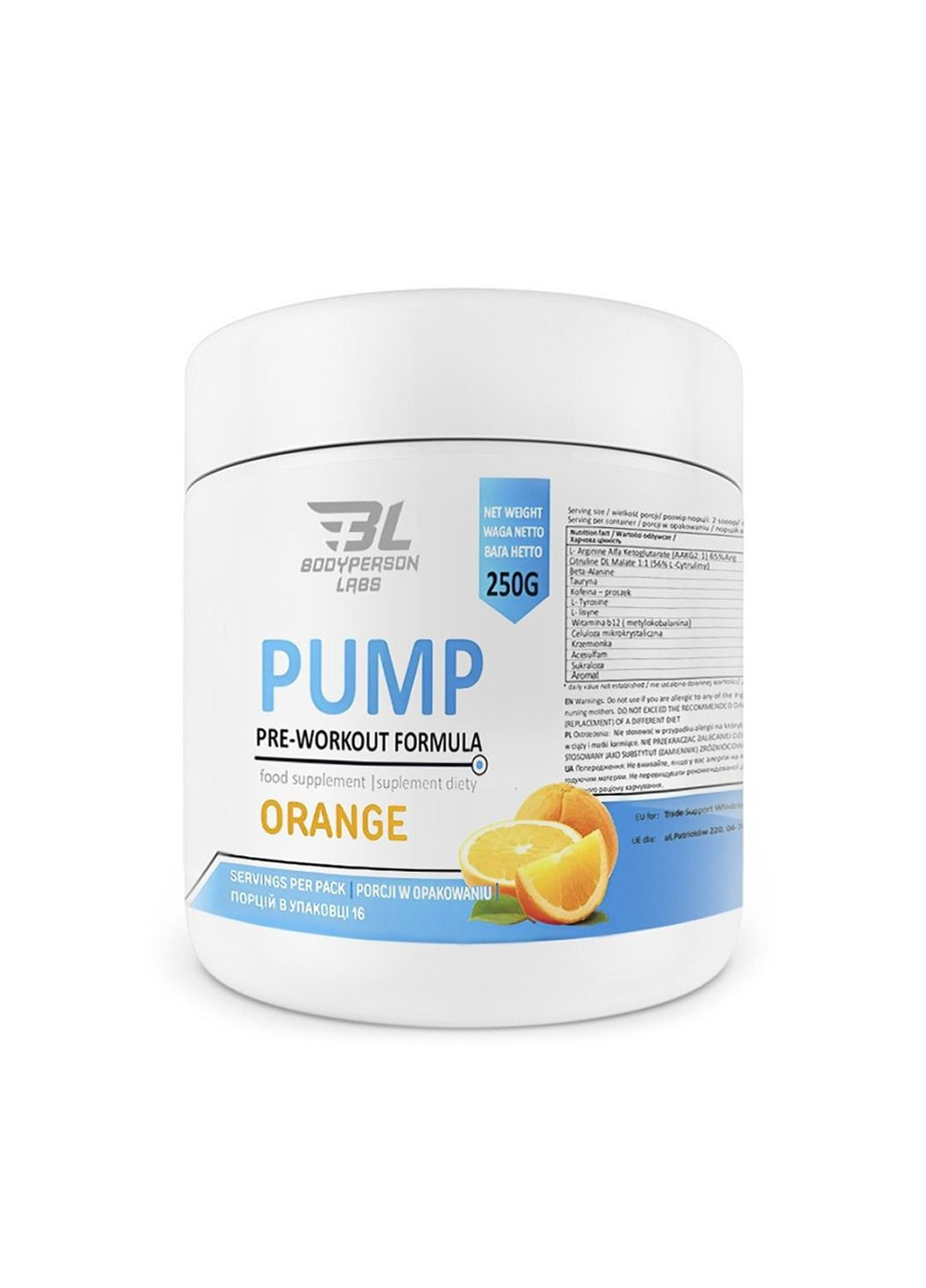 Передтренувальний комплекс для заряду енергією та підготовки до навантажень Pre-Workout Formula - 250g Orange Bodyperson Labs (366031452)