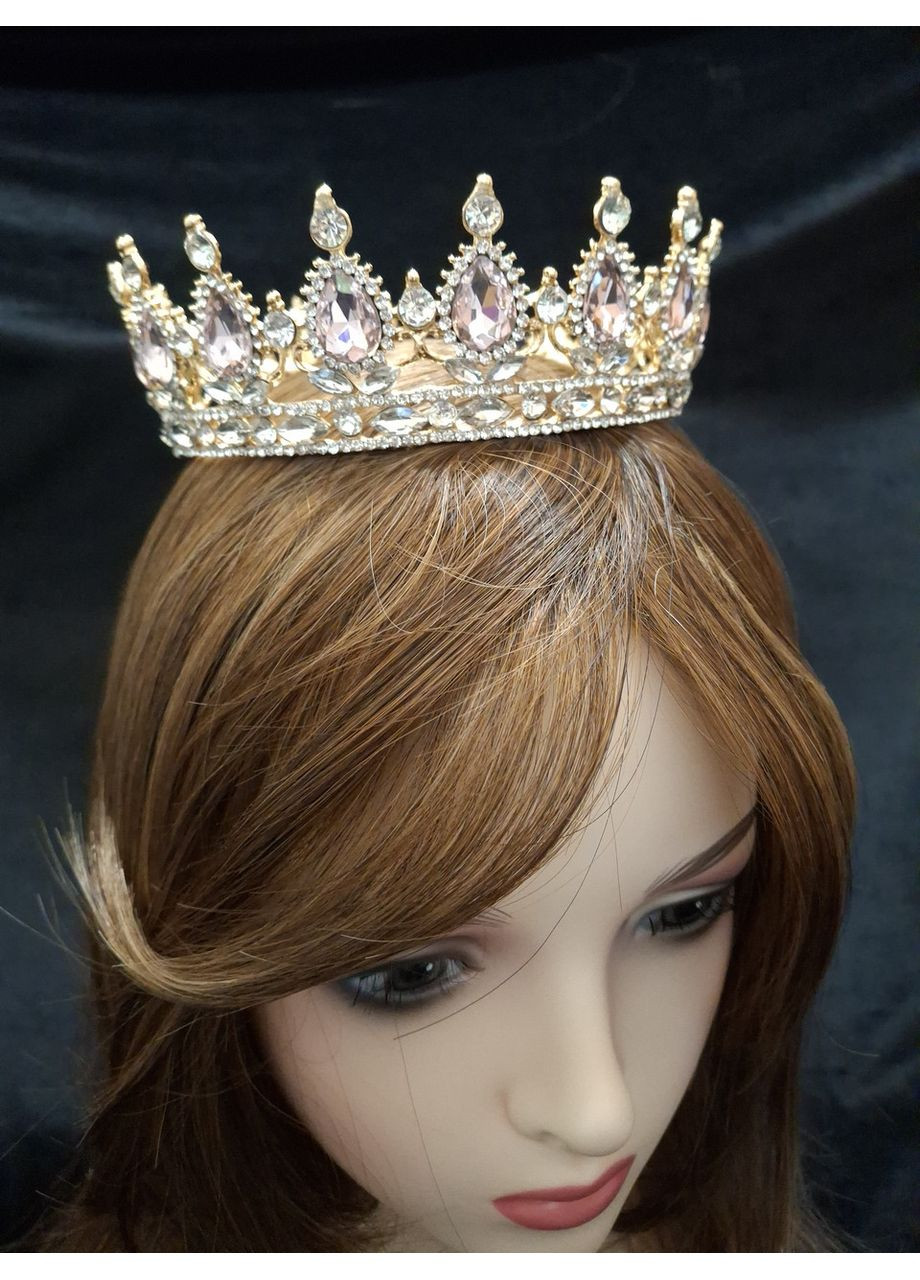 Корона с розовыми камнями Swarovski Золото 13.5 см Тиара с камнями Swarovski для свадьбы. No Brand (369162831)