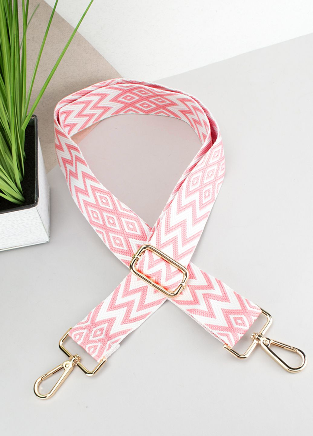 Ремінь для сумки текстильний 38 мм 1008 gold з карабінами рожево-білий HandyCover (307356001)