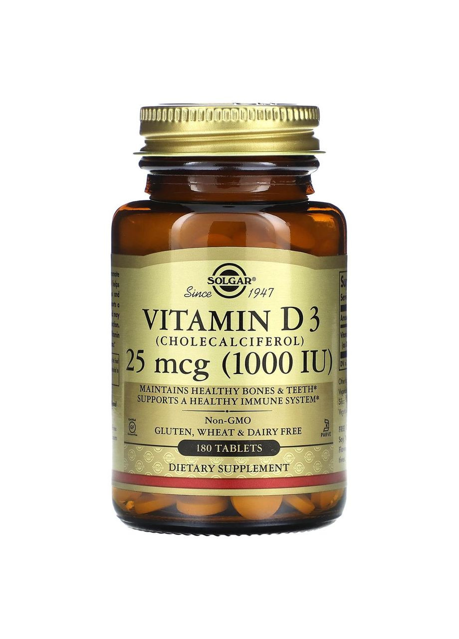 Витамин D3 (холекальциферол), Vitamin D3, 25 мкг (1000 МЕ), 180 таблеток Solgar (362369569)