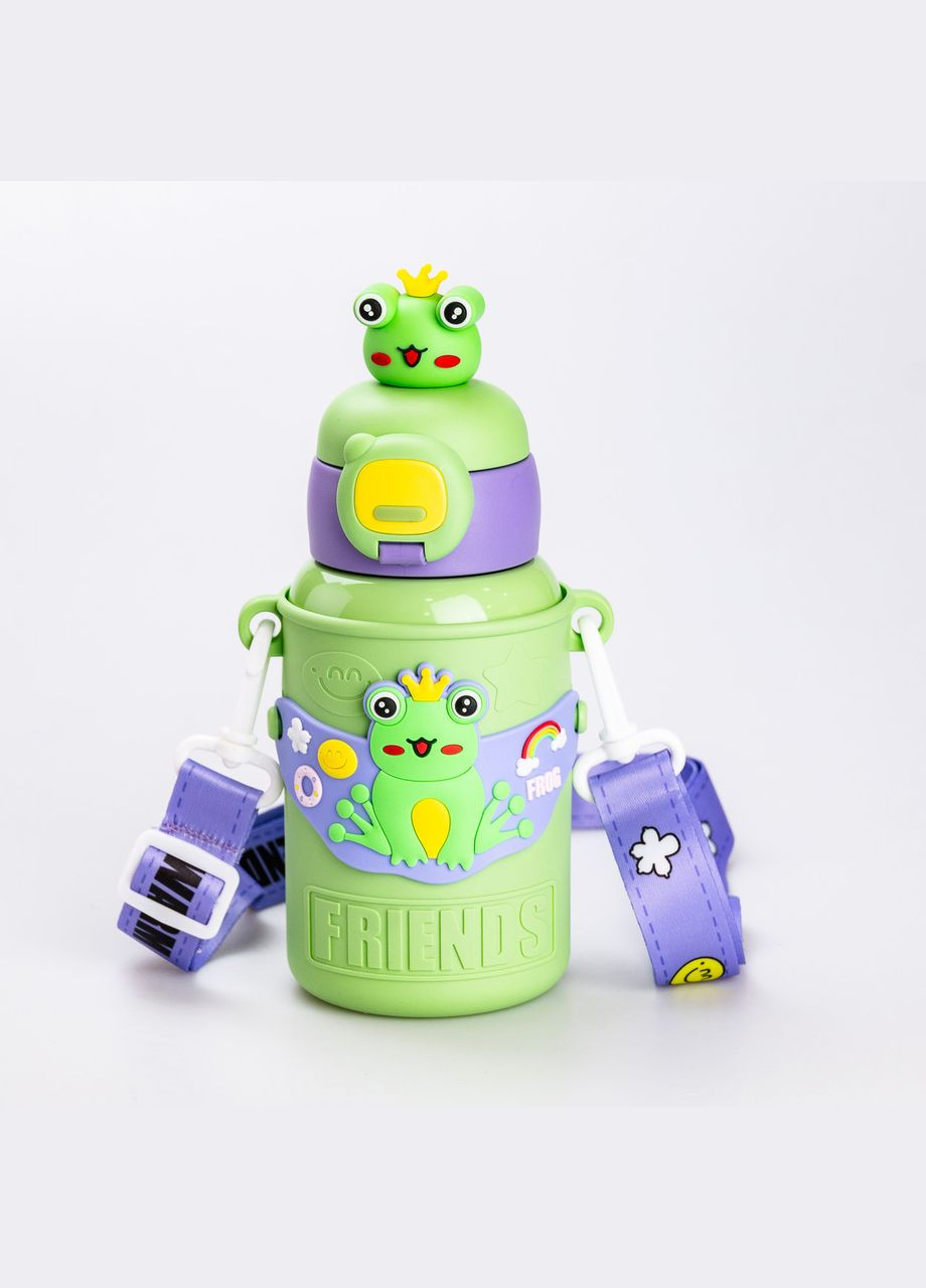 Термос поїльник для дітей з трубочкою з ремінцем та силіконовим чохлом дитячий 450 (мл) Зелений Happy Life (315637278)