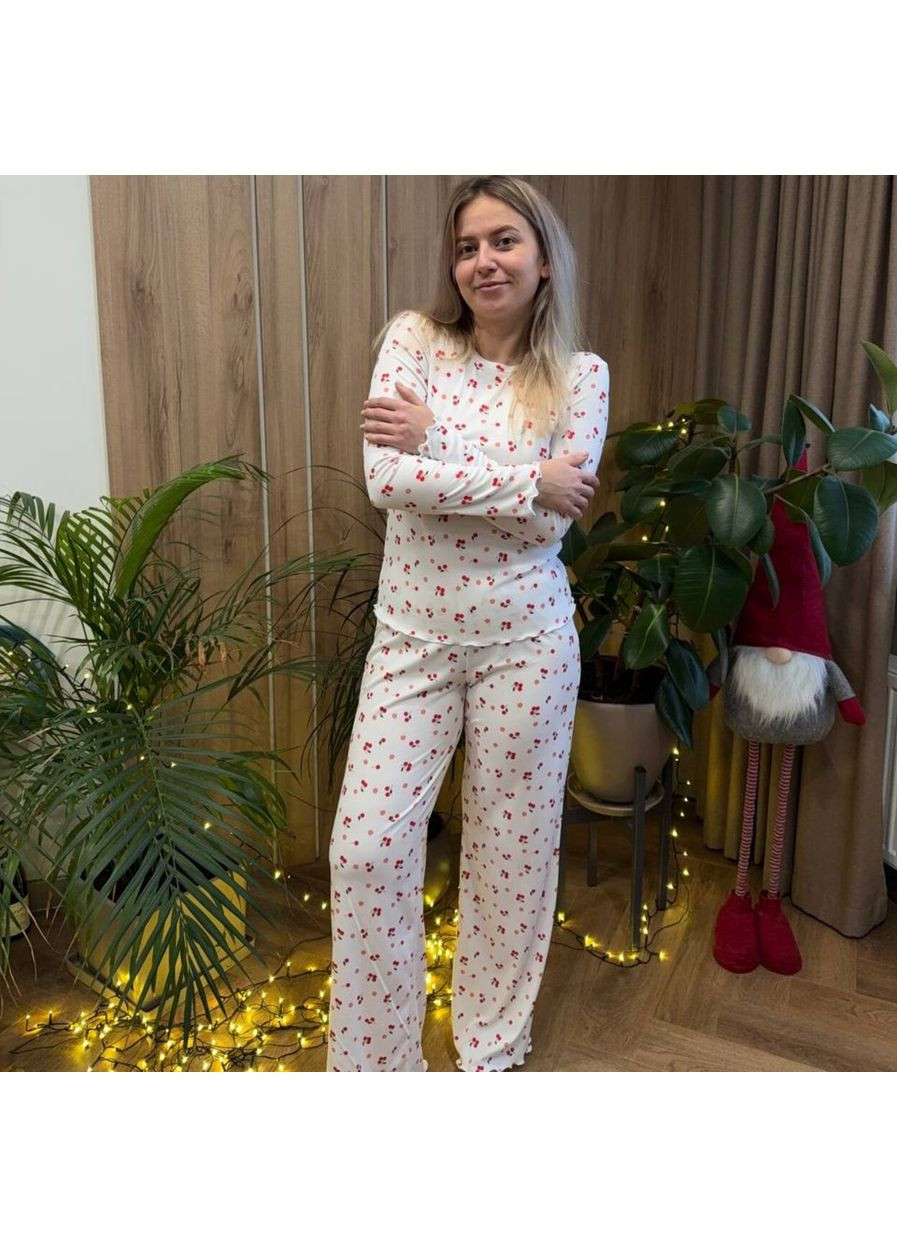 Бордова піжама (кофта+штани) жіноча тепла рібана біла вишеньки червоні ananaskо pja7 Ananasko