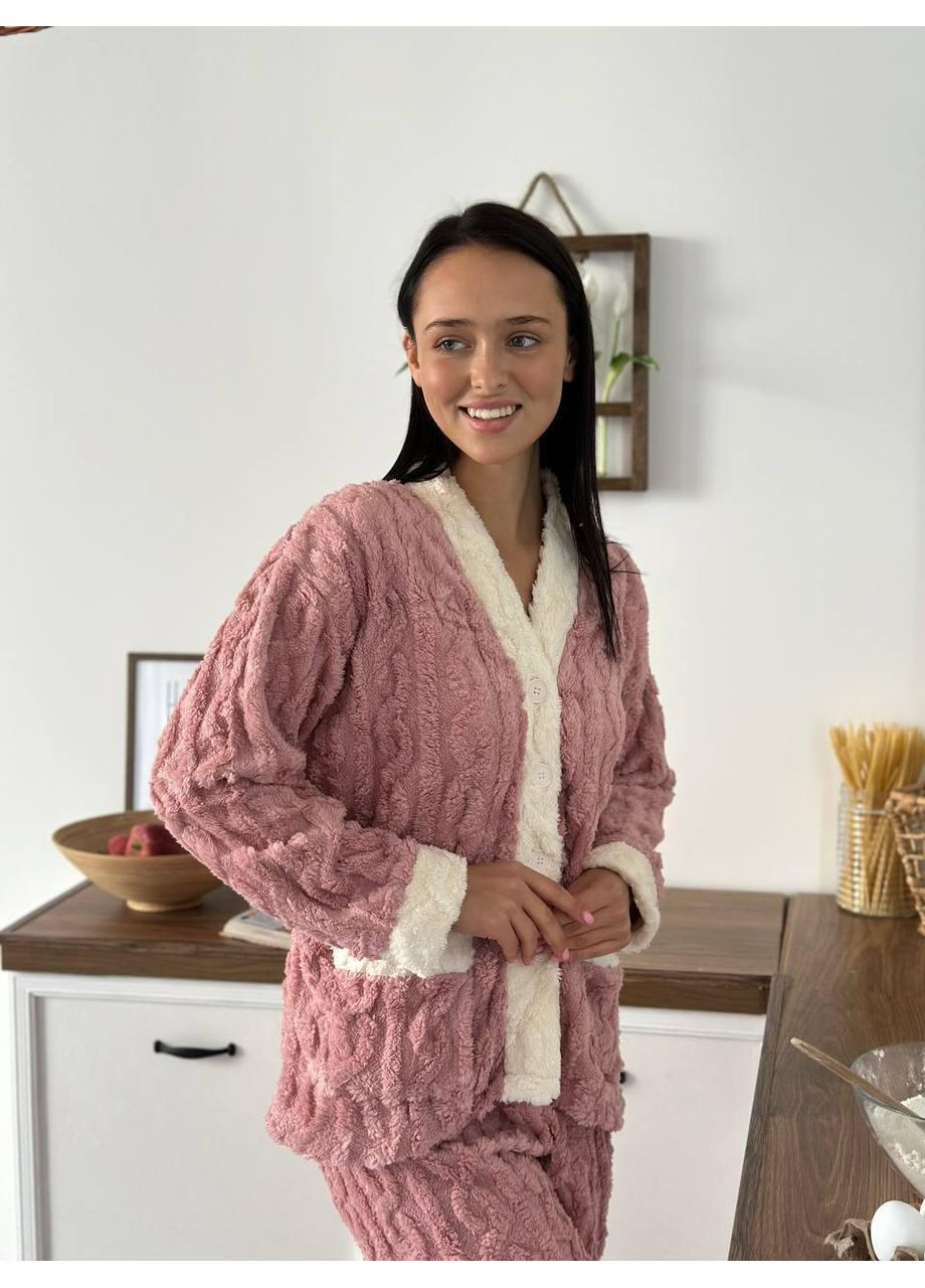 Рожева піжама рожево-кремова з фактурного плюшу на ґудзиках. домашній теплий костюм із білими вставками. No Brand
