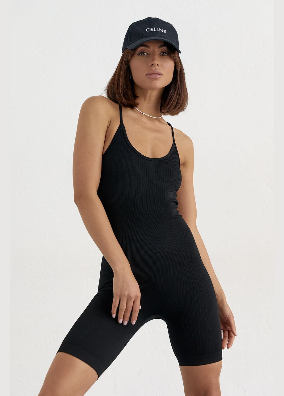 Женский спортивный комбинезон на бретелях Liton комбинезон-шорты однотонный чёрный спортивный полиамид, эластан