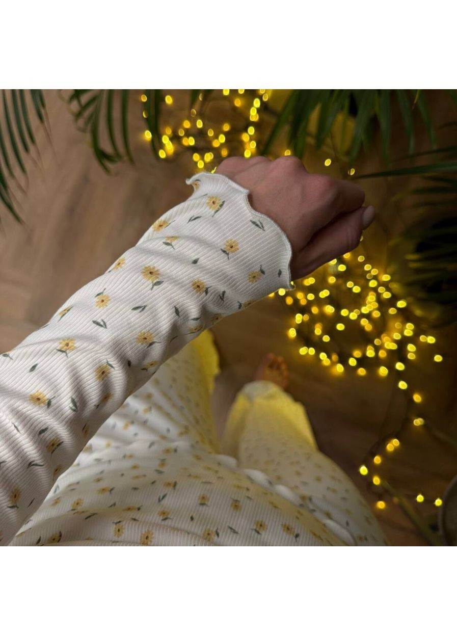 Бордова піжама (кофта+штани) жіноча тепла рібана біла квіти жовті ananaskо pja8 Ananasko