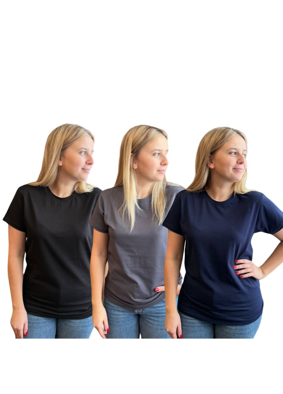 Набор футболок хлопковых женских 3 шт. черный/серый/темно-синий FT1 Ananasko - (344589849)