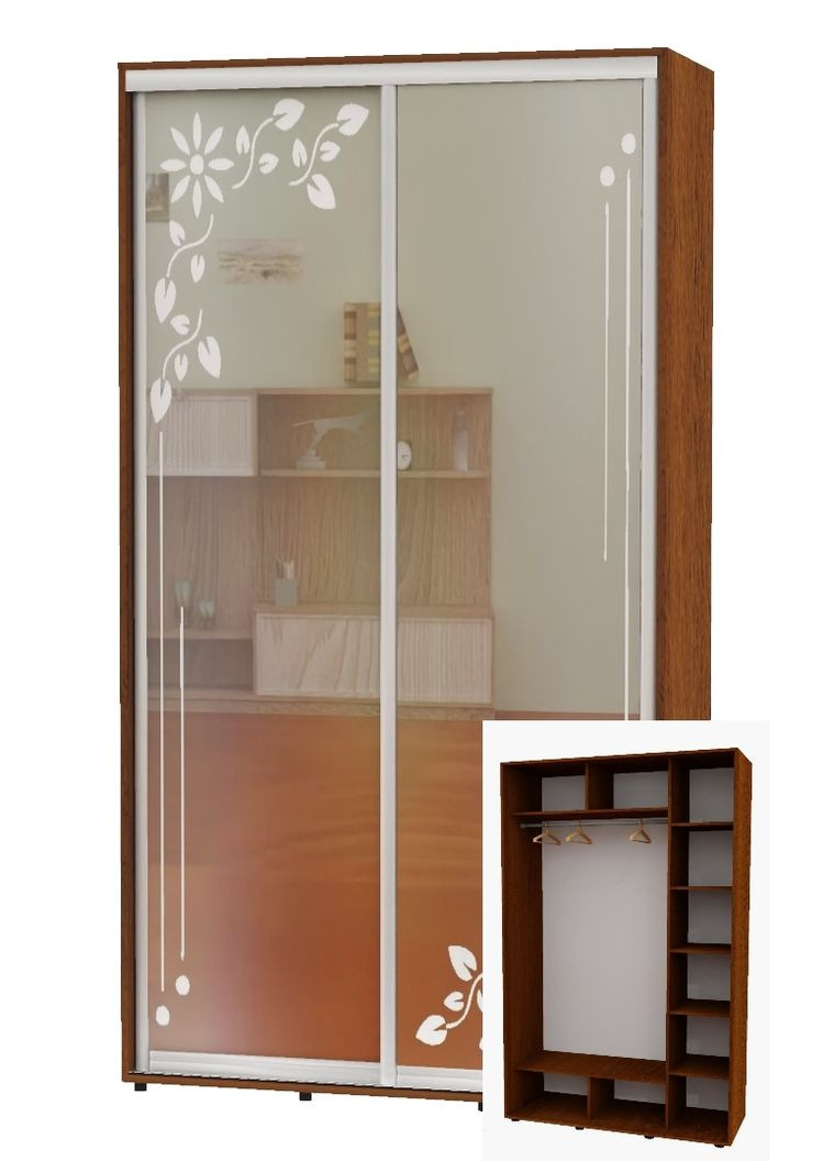 Шкаф-купе двухдверный 140*60*220 Орех лесной Зеркало с пескоструйным рисунком Алекса (360472248)