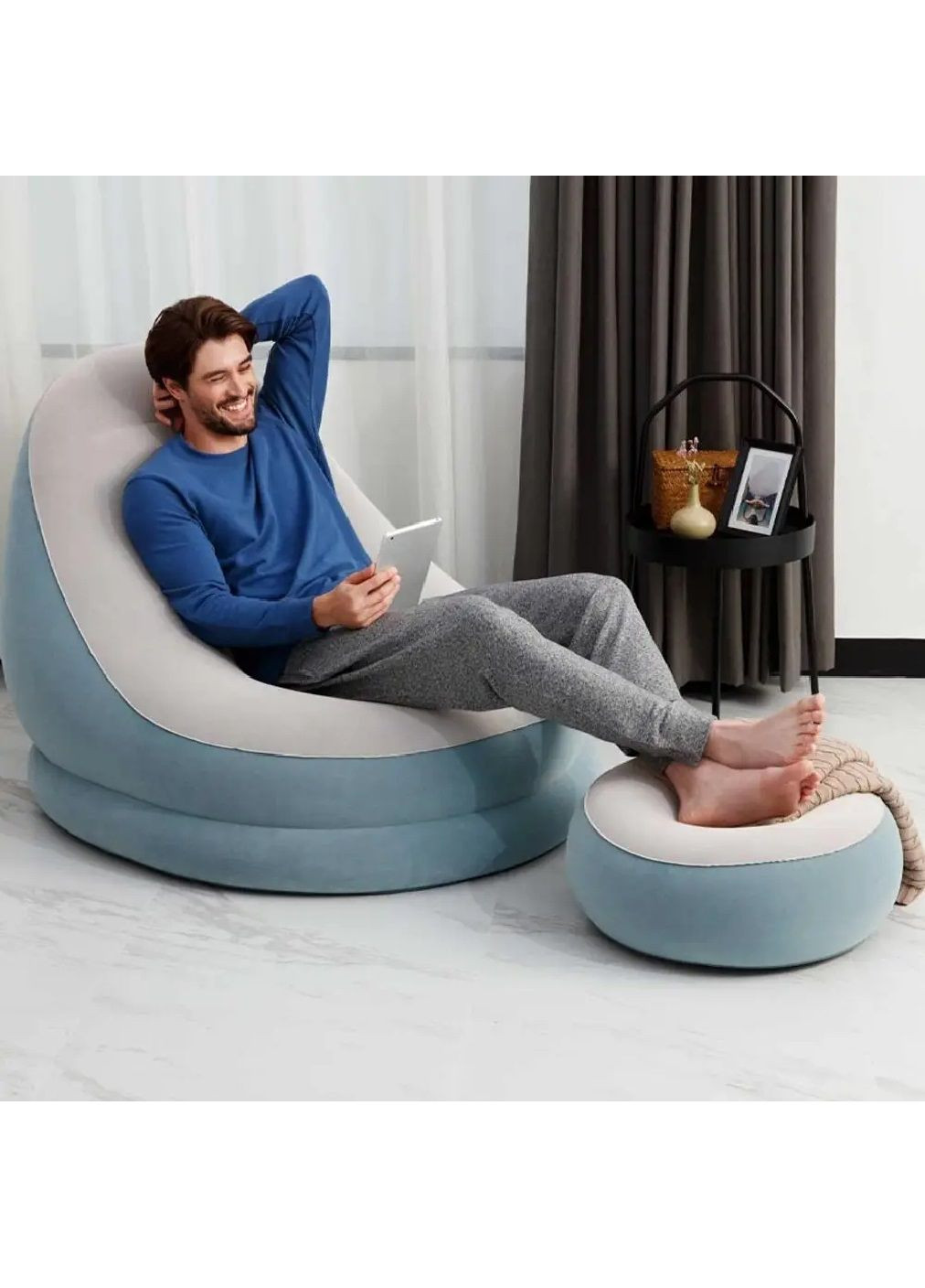 Надувне крісло із пуфом з флокованим покриттям насосом максимальним навантаженням 100 кг 116х88х83 см (480498-Prob) Блакитне Unbranded (336434321)