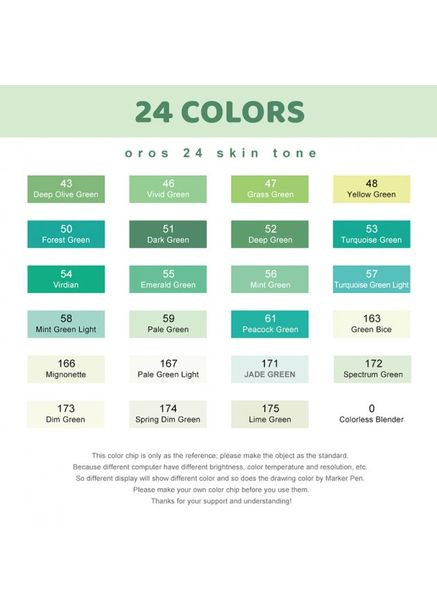 Спиртовые маркеры OROS ASM03GN 24 цветов, зеленые оттенки. Arrtx (314832547)
