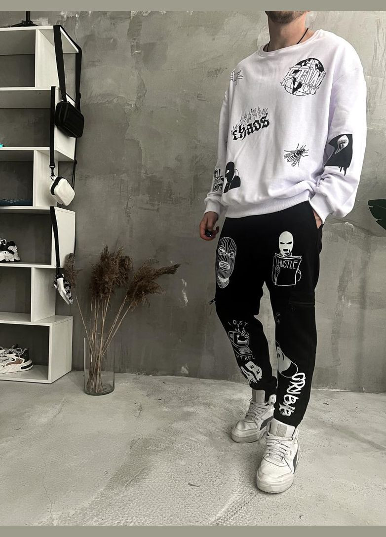 Костюм світшот штани чоловічий чорно-білий не утеплений No Brand (370954703)