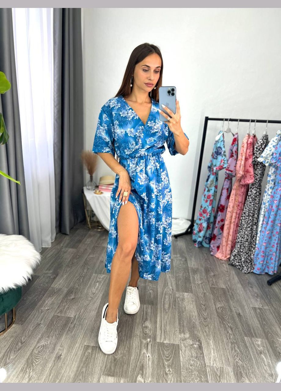 Синя повсякденний, вечірня, пляжна, кежуал жіноча сукня FINO Mode з квітковим принтом