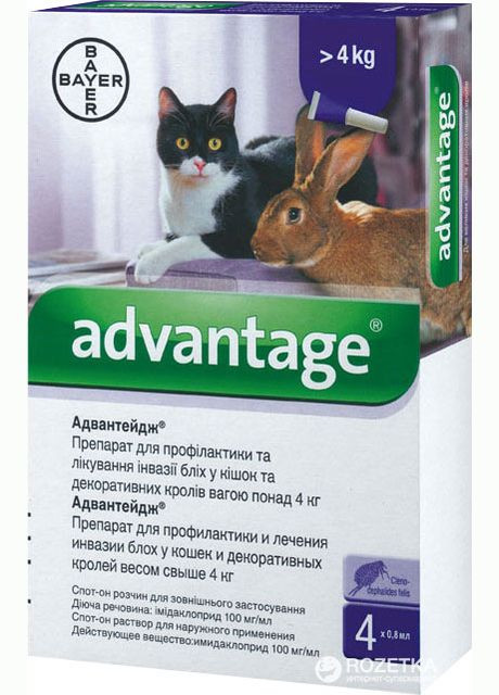 Краплі Адвантейдж 80 від заражень бліхами для котів та кроликів понад 4 кг 4 піпетки (4007221027492/4007221046394) Bayer (327367325)