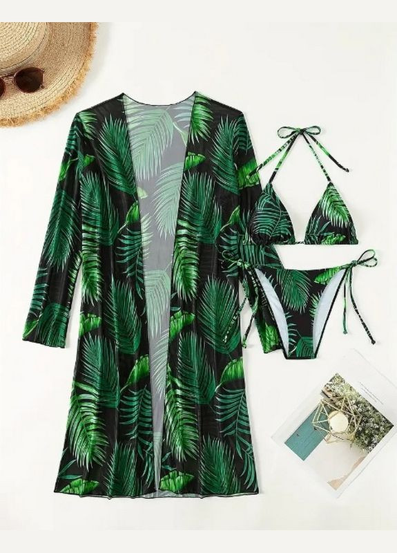 Зеленый демисезонный купальник раздельный черный с зеленым тропическим принтом. раздельный No Brand 7913