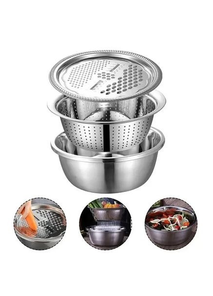 Багатофункціональний кухонний набір із неіржавкої сталі 3 в 1 Metal Basket Миска друшляк і тертка No Brand (334848802)