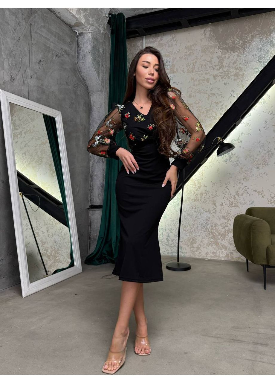 Черное праздничный, вечернее платье No Brand с цветочным принтом