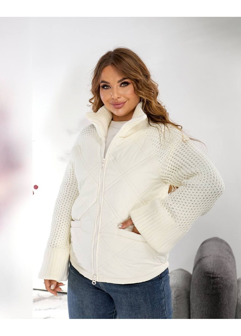 Молочна демісезонна жіноча куртка з в’язаними рукавами — заміри в описі куртка-пальто Vione