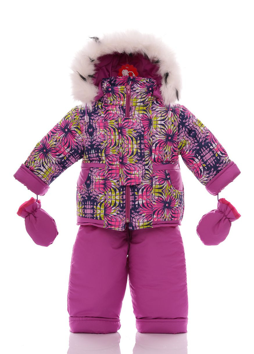 Рожевий зимній комбінезон на синтепоні для дівчинки з принтом абстракції нуль підстібка рожевий білий з чорним хутром 86 см (50725) BABYKROHA