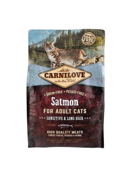 Сухой корм Cat Sensitive & Long Hair для кошек с чувствительным пищеварением, лосось, 2 кг Carnilove (362702931)