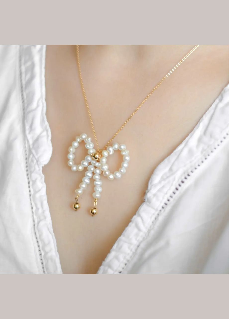 Кулон на ланцюжку натуральні річкові Перли "Бантик" 41х45мм+- фур-ра гіп-ний сплав колір золото L-44см No Brand підвіска (303932734)